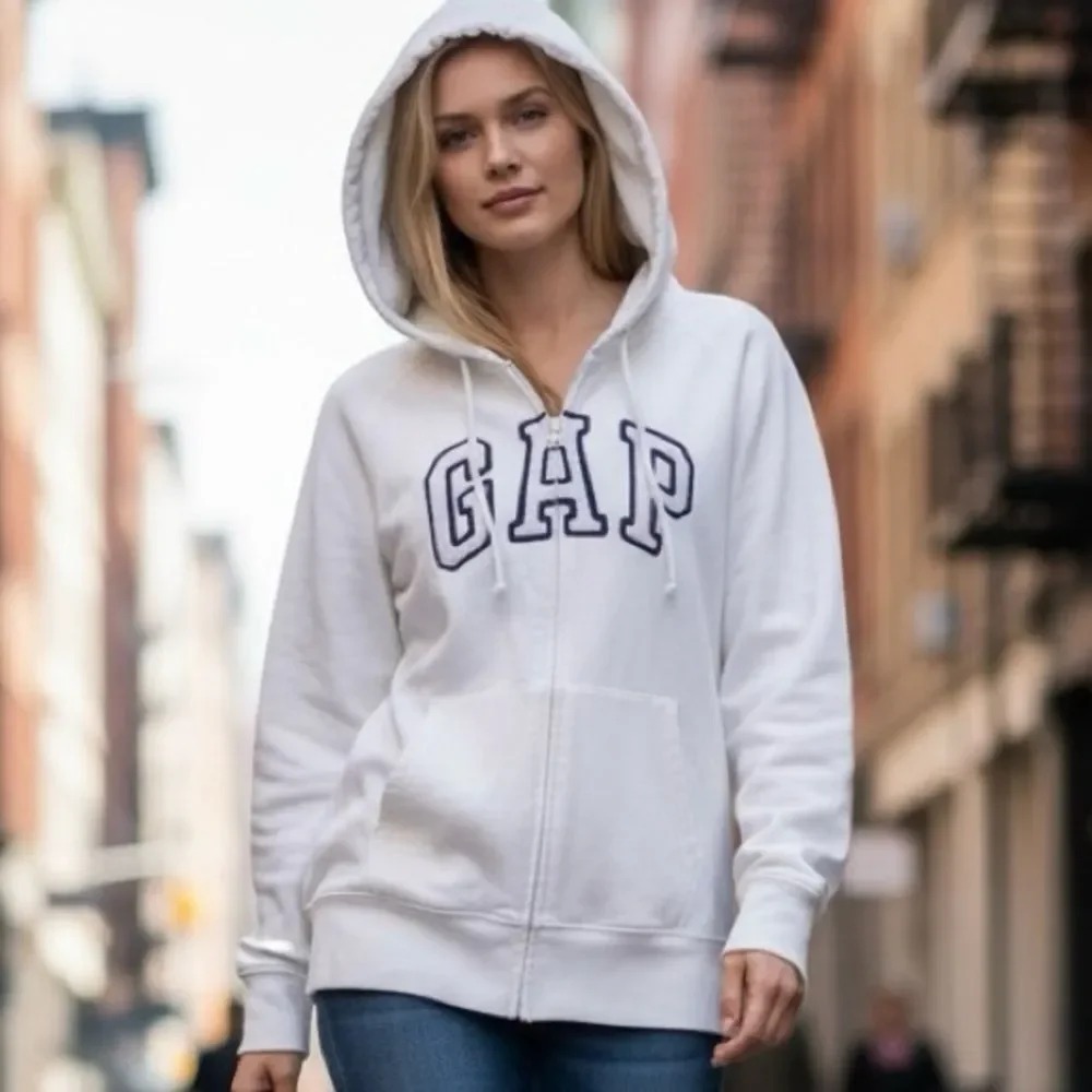 GAP Full Zip White Hoodie Iconic Arch Logo Navy Blue Embroidered Letters XXL